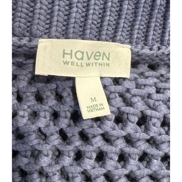 Haven Well Within Sweater Size Medium Blue Crochet Knit Knot Stitch Henley - Picture 6 of 8